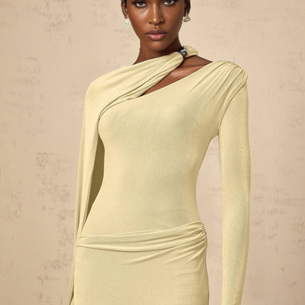 Yellow diagonal shawl maxi dress with draped and ruched detailing