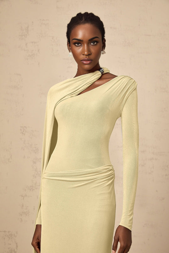 Yellow diagonal shawl maxi dress with draped and ruched detailing