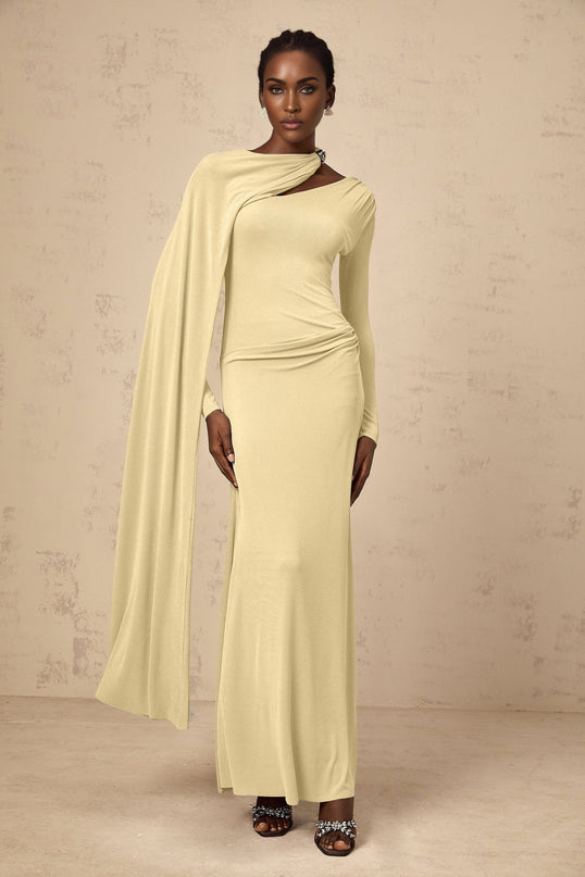 Yellow diagonal-shawl maxi dress with draped and ruched detailing