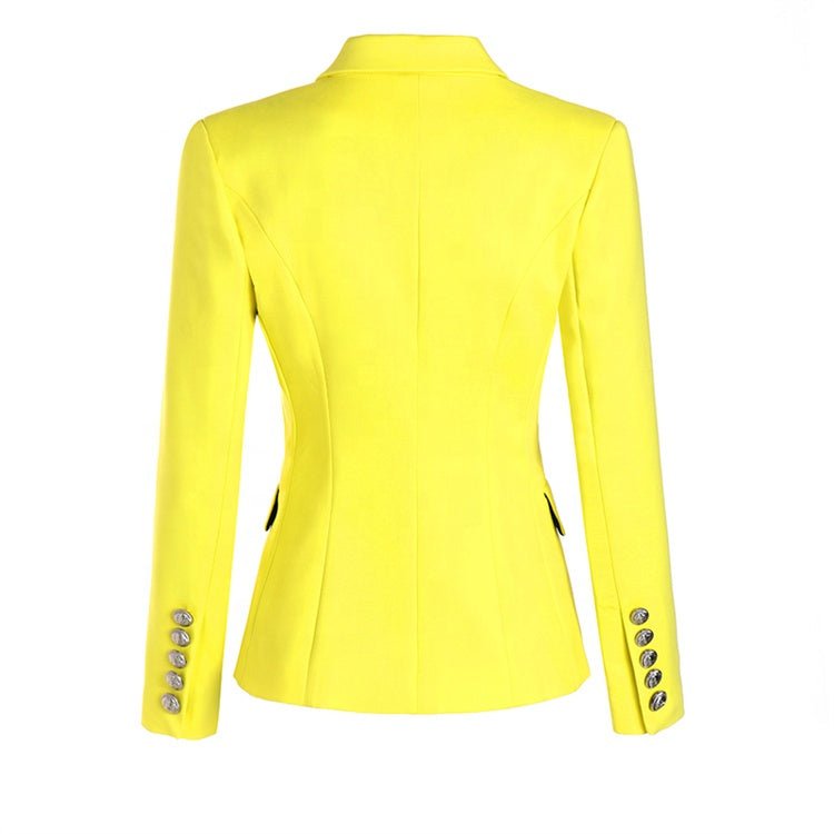 Vibrant electric yellow double-breasted blazer with silver buttons
