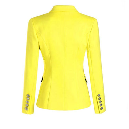 Vibrant electric yellow double-breasted blazer with silver buttons