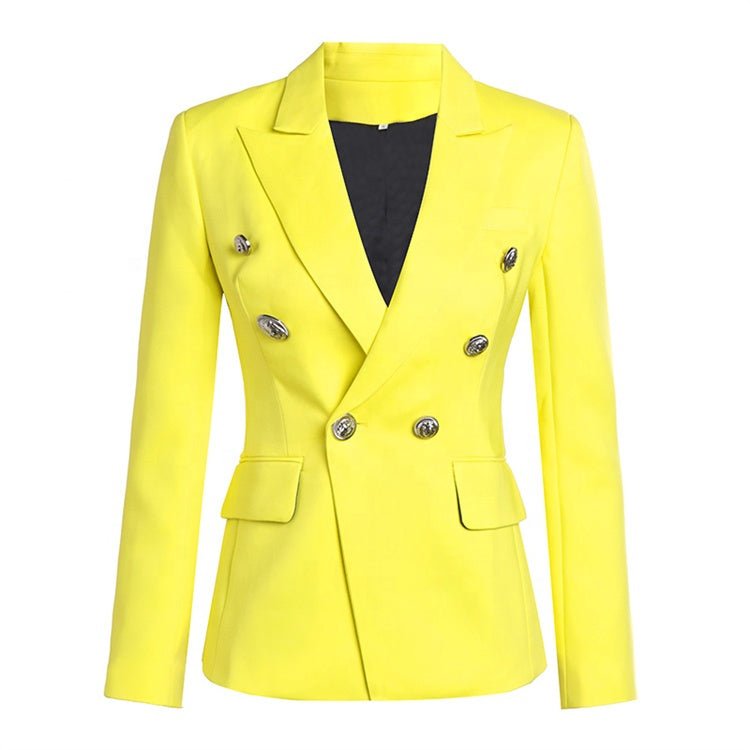 Vibrant electric yellow tailored double-breasted blazer with silver buttons