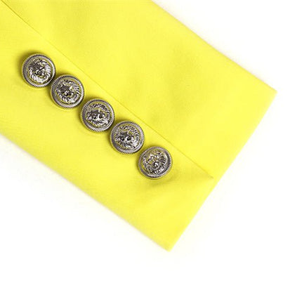 Vibrant electric yellow double-breasted blazer with silver buttons