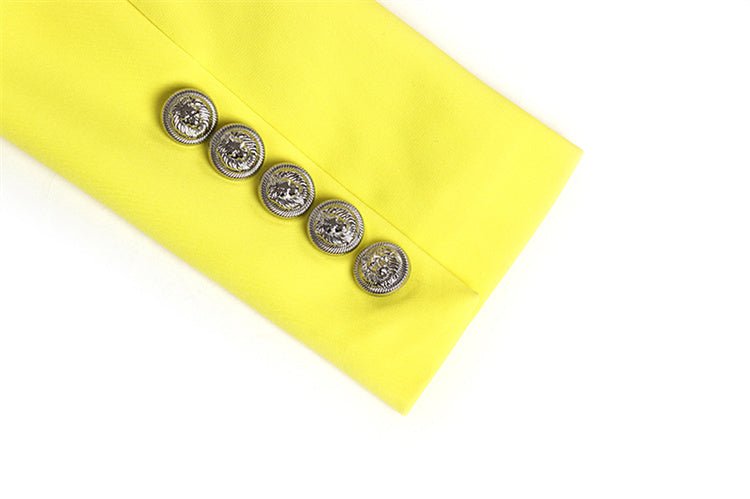 Vibrant electric yellow double-breasted blazer with silver buttons