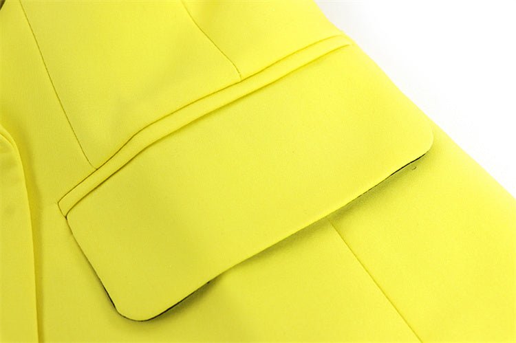 Vibrant electric yellow tailored double-breasted blazer with silver buttons