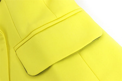 Vibrant electric yellow tailored double-breasted blazer with silver buttons