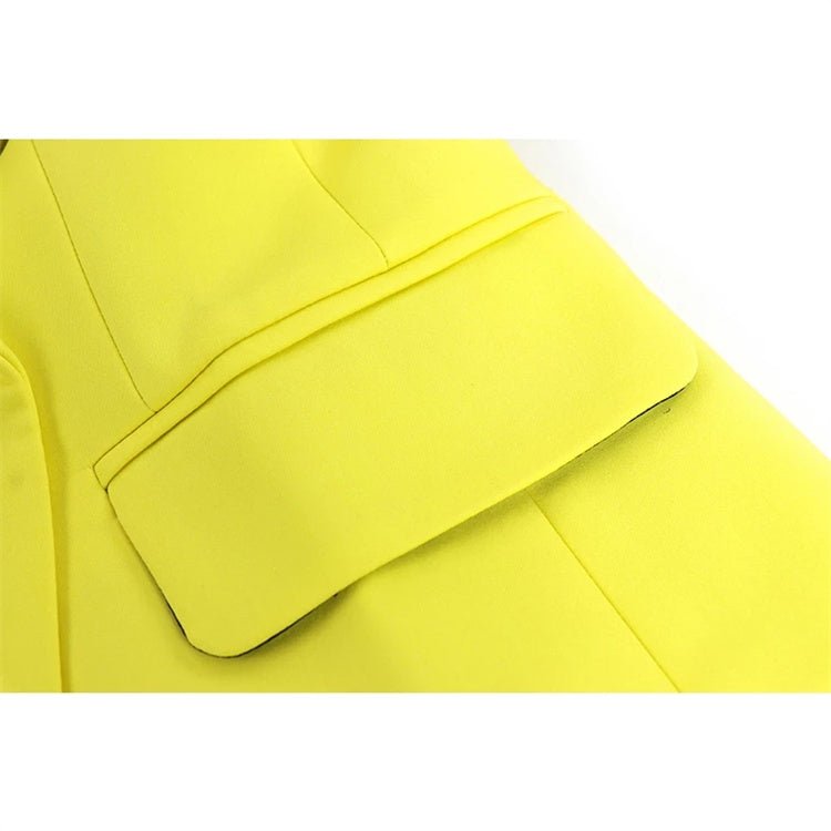 Vibrant electric yellow double-breasted blazer with silver buttons
