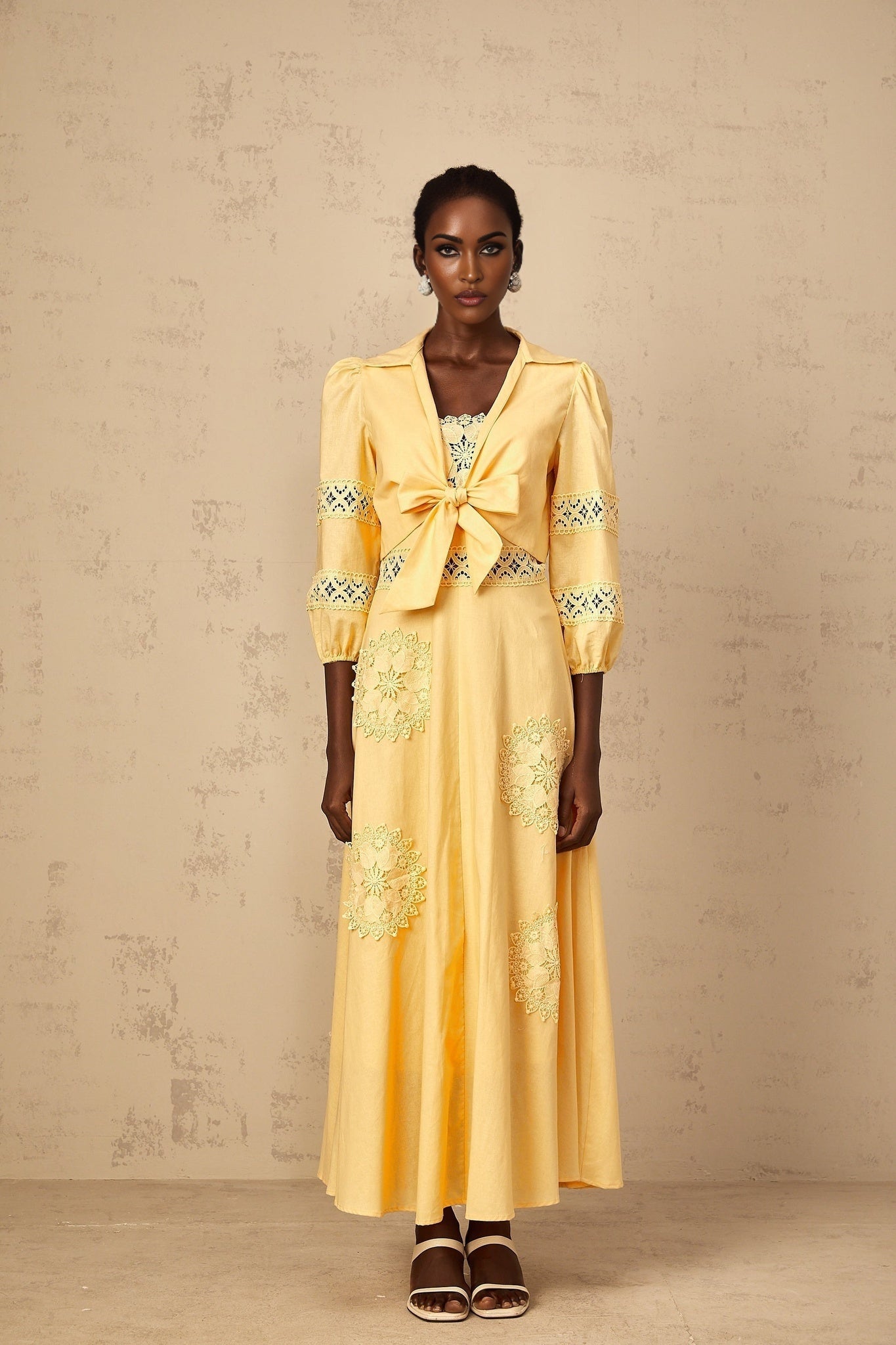Yellow floral embroidered blouse and dress set with Romy design featuring delicate flower patterns