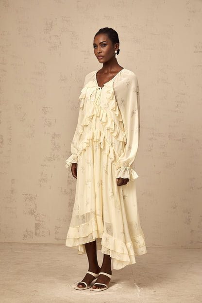 Yellow floral print midi dress with ruffles and chiffon fabric featuring a delicate pattern and feminine design