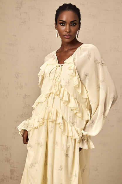 Yellow floral print midi dress with ruffles and chiffon fabric Oriane style