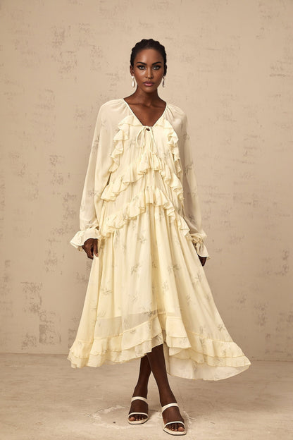 Yellow floral print midi dress with ruffles and chiffon fabric Oriane style