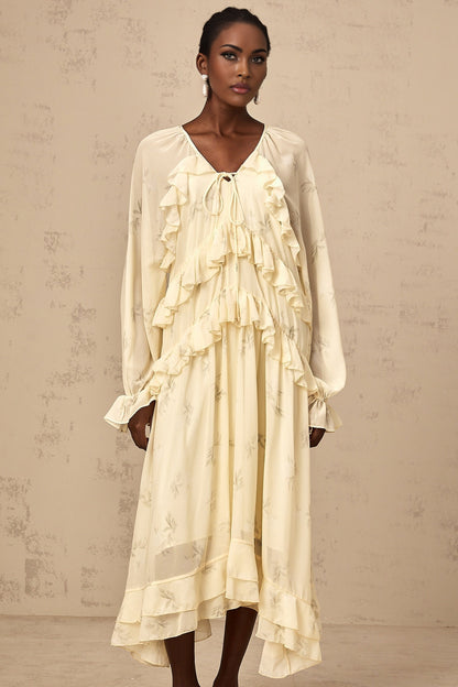 Yellow floral print midi dress with ruffles and chiffon fabric