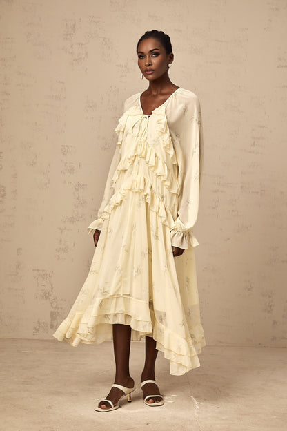 Yellow floral print midi dress with ruffles and chiffon fabric