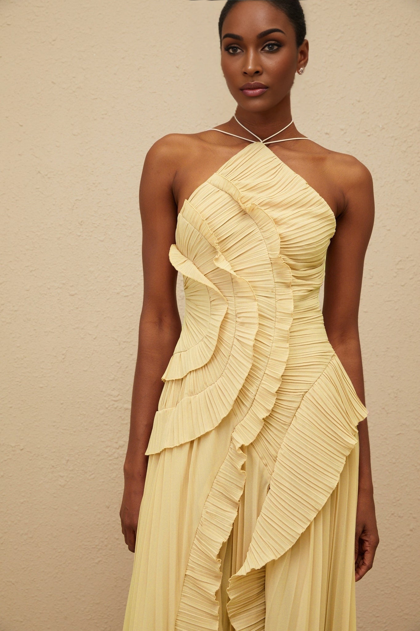 Yellow Halterneck Sleeveless Midi Dress with Ruffled Trim and Front Slit