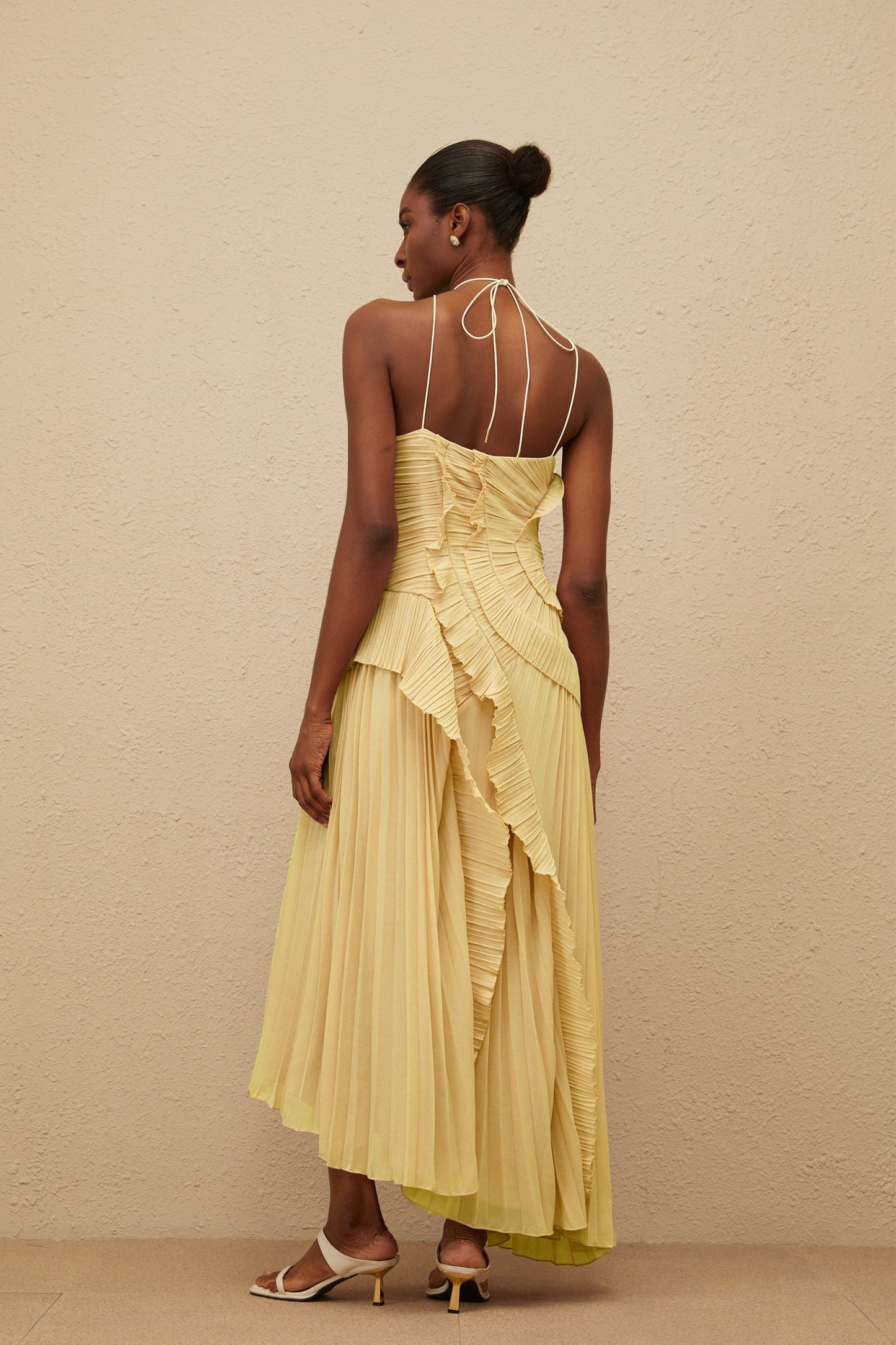 Yellow Halterneck Sleeveless Midi Dress with Ruffled Trim and Front Slit