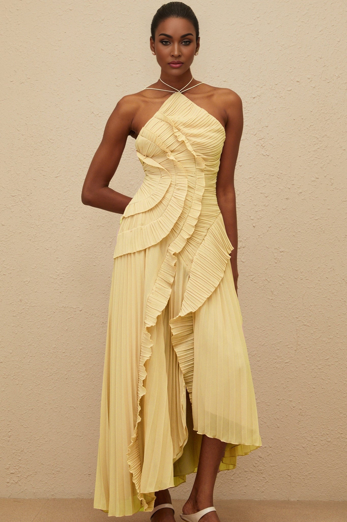 Yellow Halterneck Sleeveless Midi Dress with Ruffled Trim and Front Slit