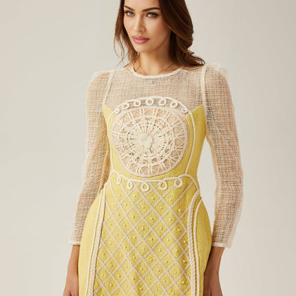 Diana Yellow Mini Dress faux-pearl embellishment round neck long sleeves Semi-sheer braided edge A-line silhouette rear zip fastening 100% Dacron comfort luxury