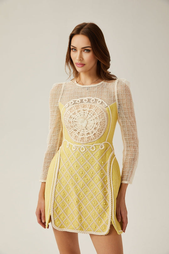Diana Yellow Mini Dress faux-pearl embellishment round neck long sleeves Semi-sheer braided edge A-line silhouette rear zip fastening 100% Dacron comfort luxury