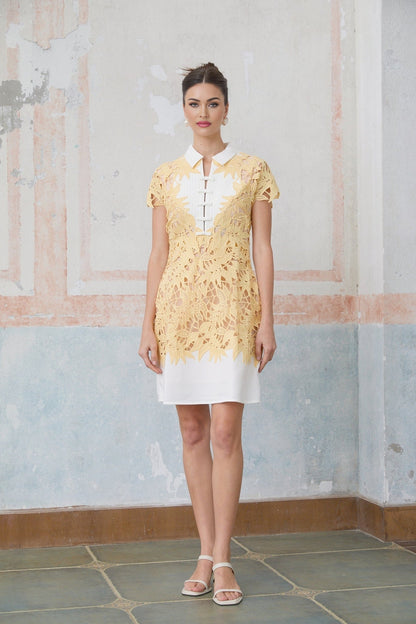 Yellow mini dress with leaf applique design named Camille