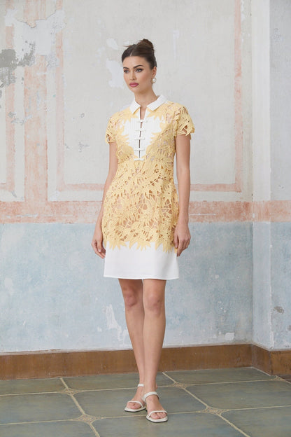 Yellow mini dress with leaf applique details named Camille