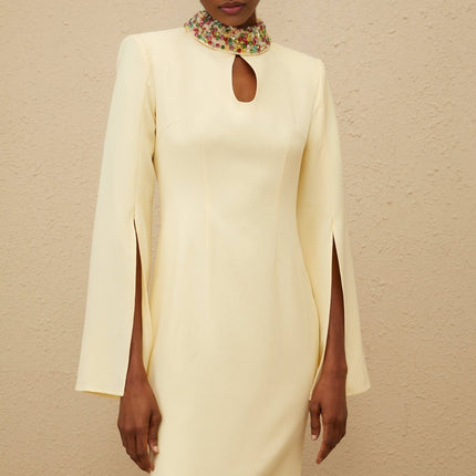 Yellow mock neck maxi dress with bead and crystal embellishment