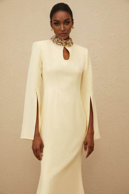 Yellow mock neck maxi dress with bead and crystal embellishment