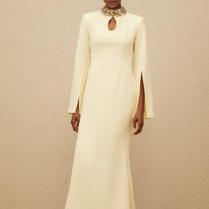 Yellow mock neck maxi dress with bead and crystal embellishment