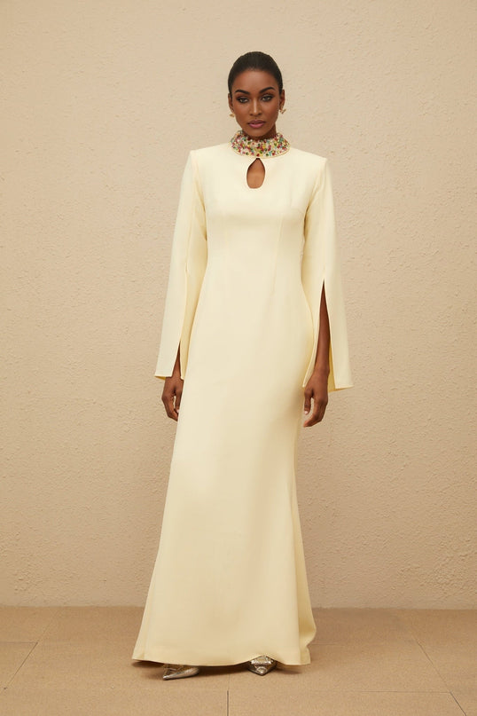 Yellow mock neck maxi dress with bead and crystal embellishment