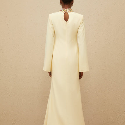 Yellow mock neck maxi dress with bead and crystal embellishment