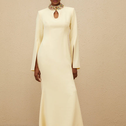 Yellow mock neck maxi dress with bead and crystal embellishments