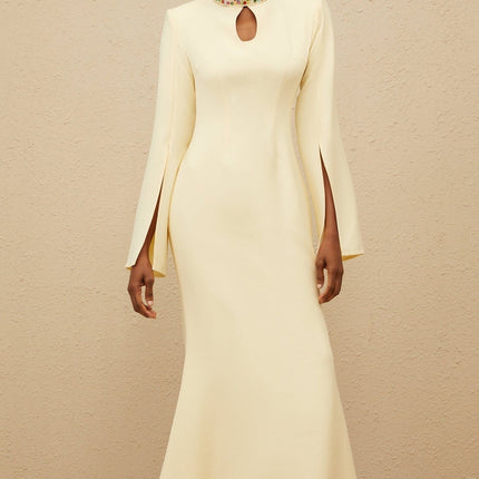 Yellow mock neck maxi dress with bead and crystal embellishments