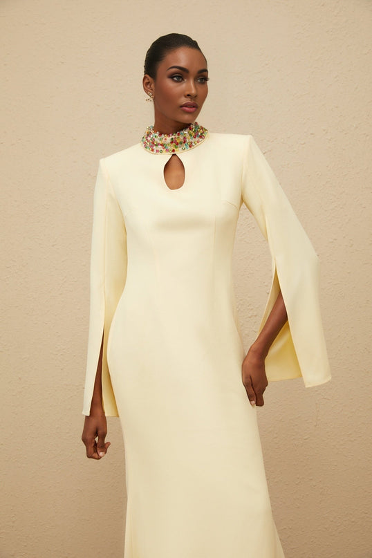 Yellow mock neck maxi dress with bead and crystal embellishments