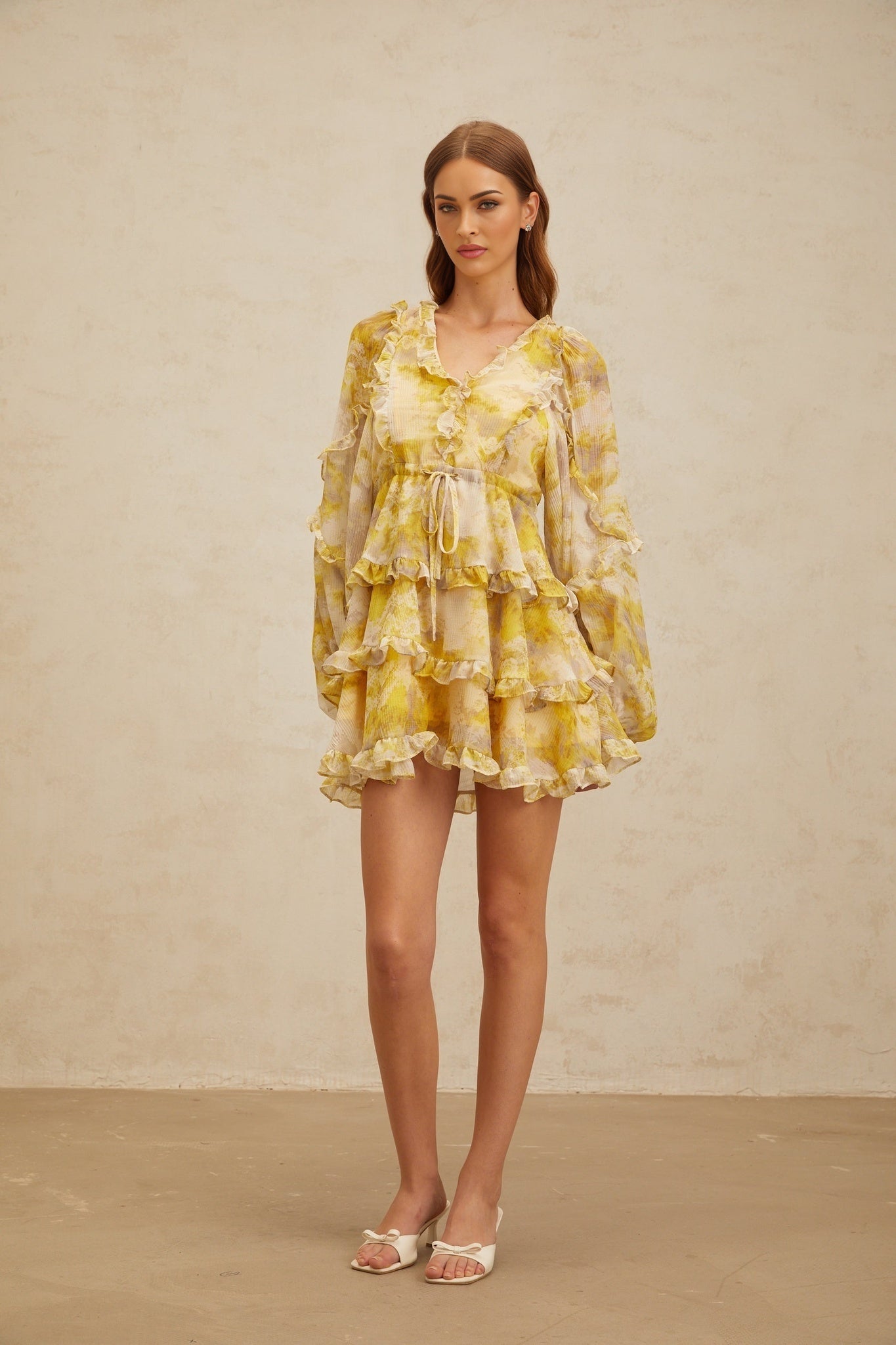 Yellow and Multicolor V-neck Dress with Graphic Print and Ruffled Trim