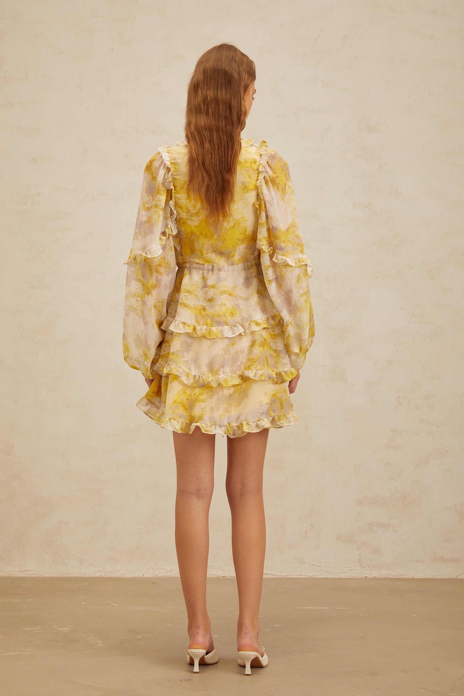 Yellow Multicolor V-Neck Long Puff Sleeve Dress with Graphic Print and Ruffled Trim