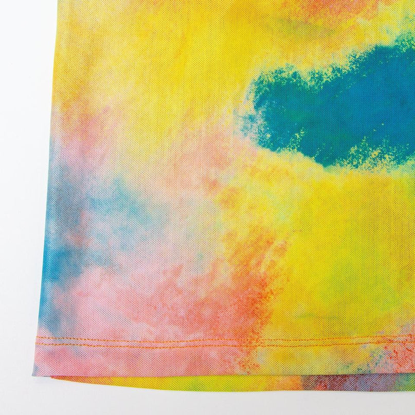 Sarah wearing Yellow Off Shoulder Long Sleeve Tie Dye Bodycon Dress for club nights and parties made with Polyester/Nylon blend featuring woven design and Silk Screen Print logo