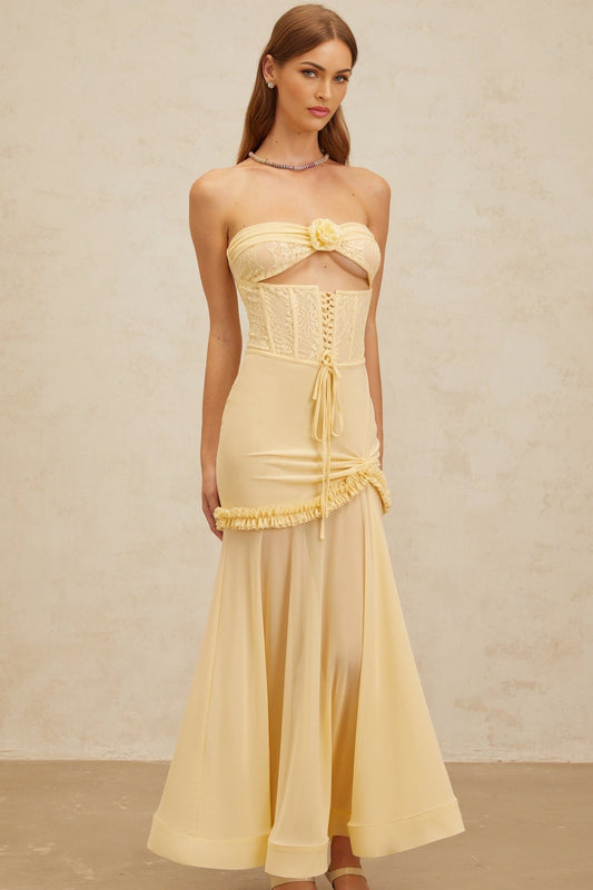 Yellow off the shoulder corset style maxi dress with 3D-petal detailing and floral lace panelling