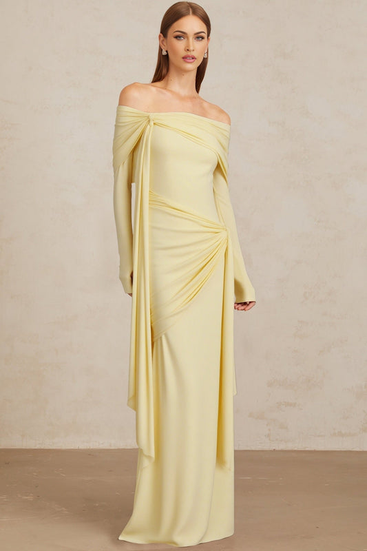 Yellow off the shoulder long sleeve dress with front tie detail and pleated, asymmetrical, ruched, and draped detailing, worn by model 1.77m tall