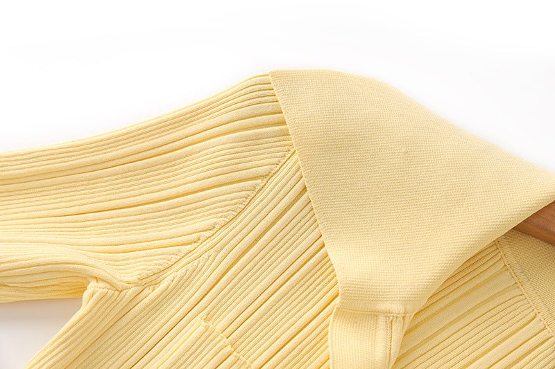 Yellow Ribbed Knit Maxi Dress with Flared Sleeves and Front Pockets