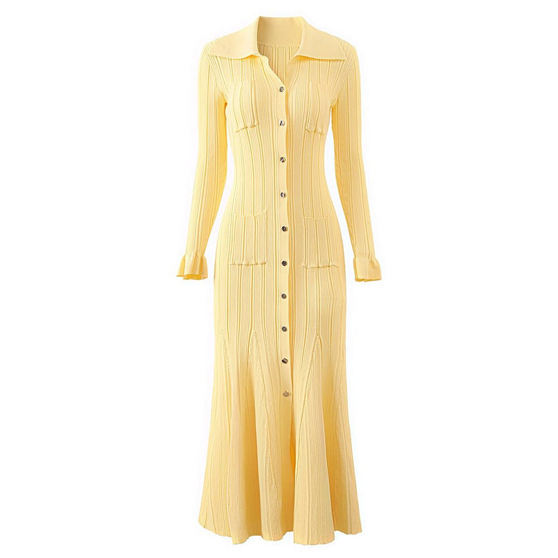 Yellow Ribbed Knit Maxi Dress with Flared Sleeves and Collared Button-Down Design