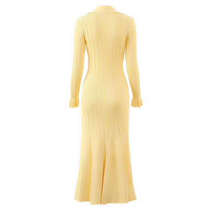 Yellow Ribbed Knit Maxi Dress with Flared Sleeves and Collared Button-Down Design