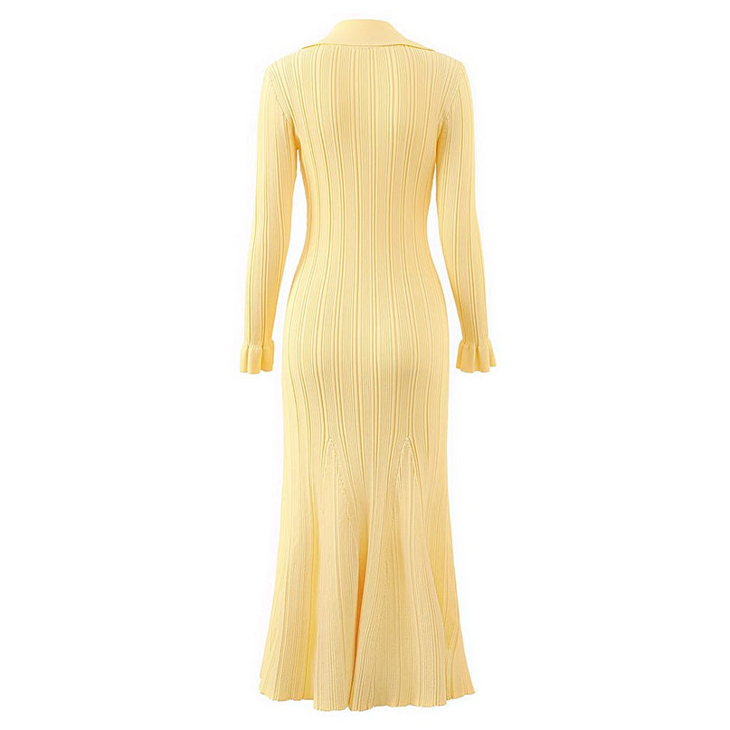 Yellow Ribbed Knit Maxi Dress with Flared Sleeves and Collared Button-Down Design