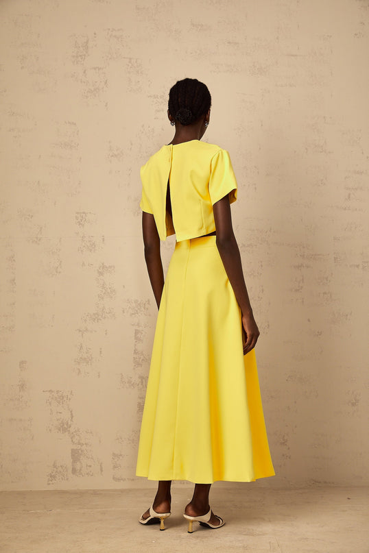 Yellow sequin floral embroidered matching set for women consisting of a top and bottom with intricate floral designs