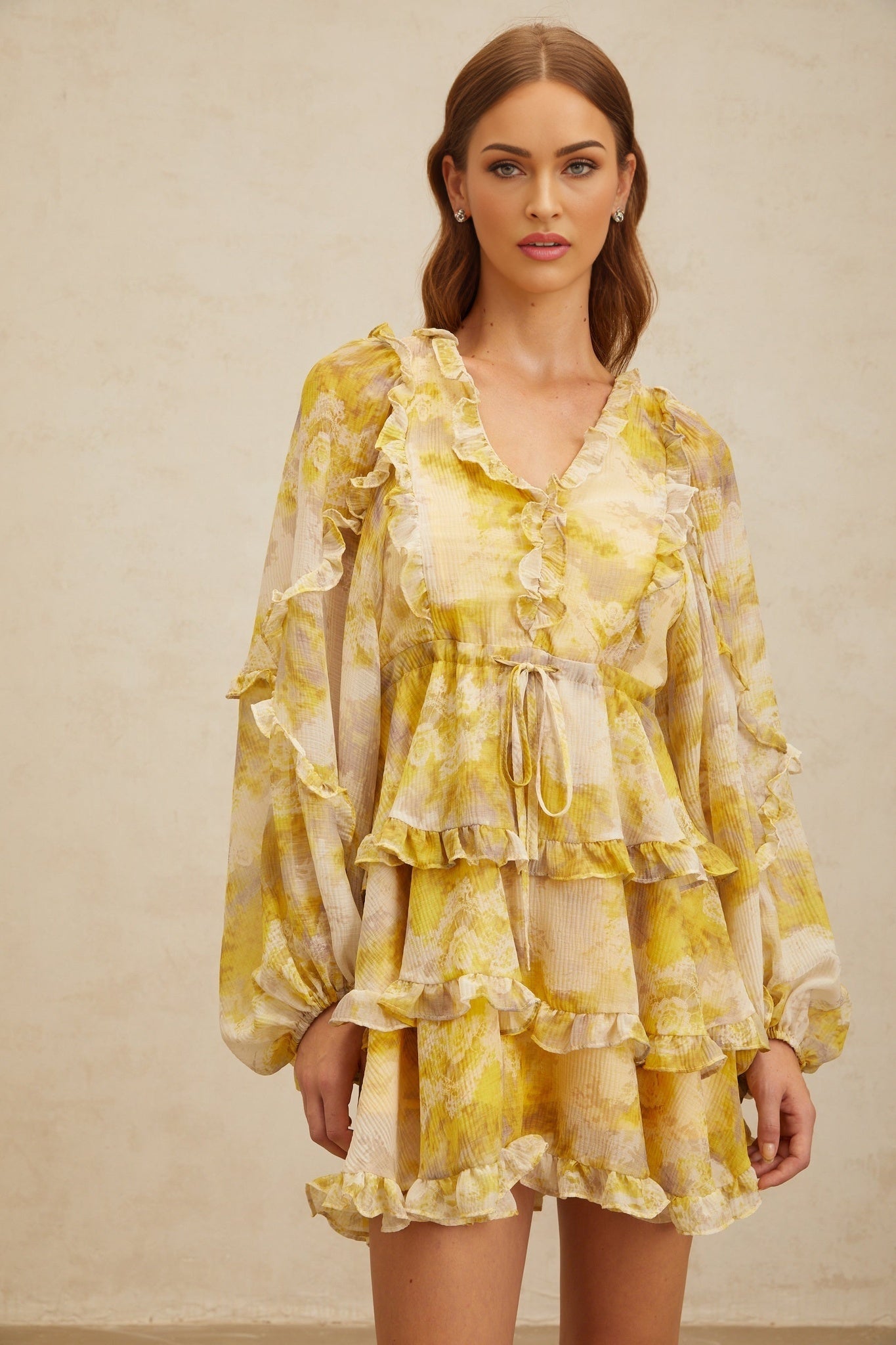 Yellow V-Neck Long Sleeve Dress with Graphic Print and Ruffled Trim