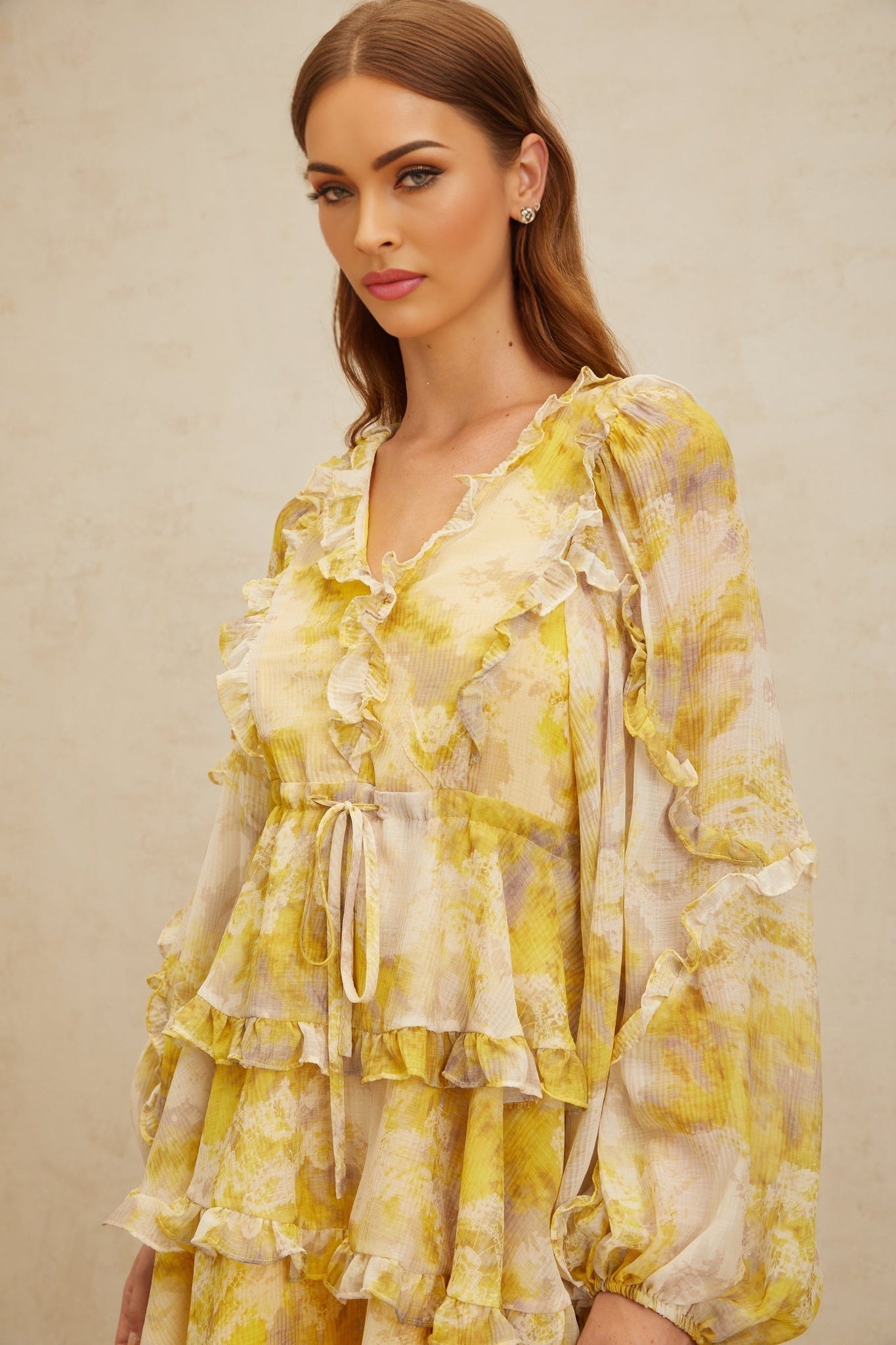 Yellow V-Neck Puff Sleeve Dress with Graphic Print and Ruffled Trim