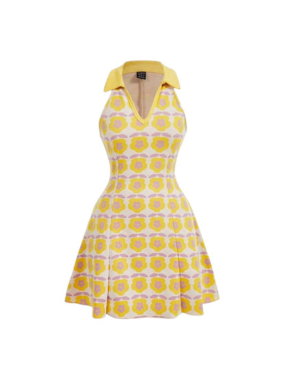 Yellow Vintage Floral Sleeveless Knitted Women DressSun Dress