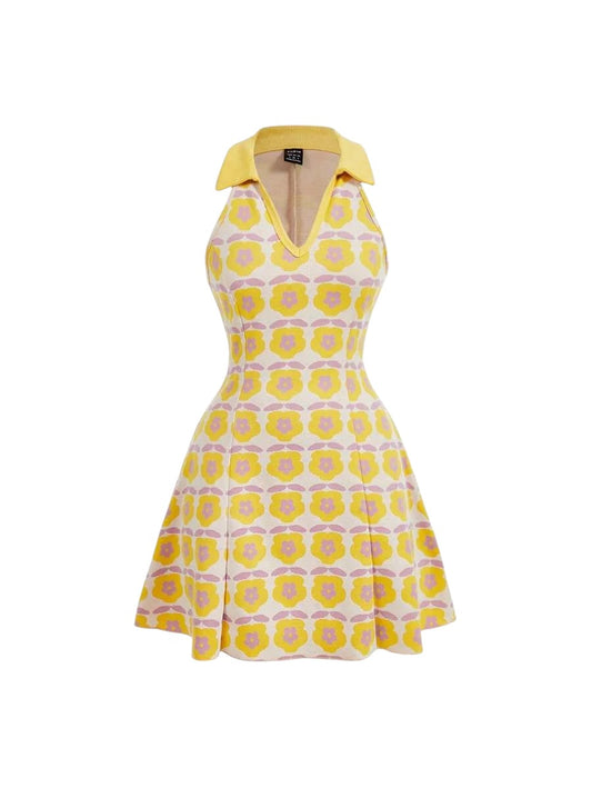 Yellow Vintage Floral Sleeveless Knitted Women DressSun Dress