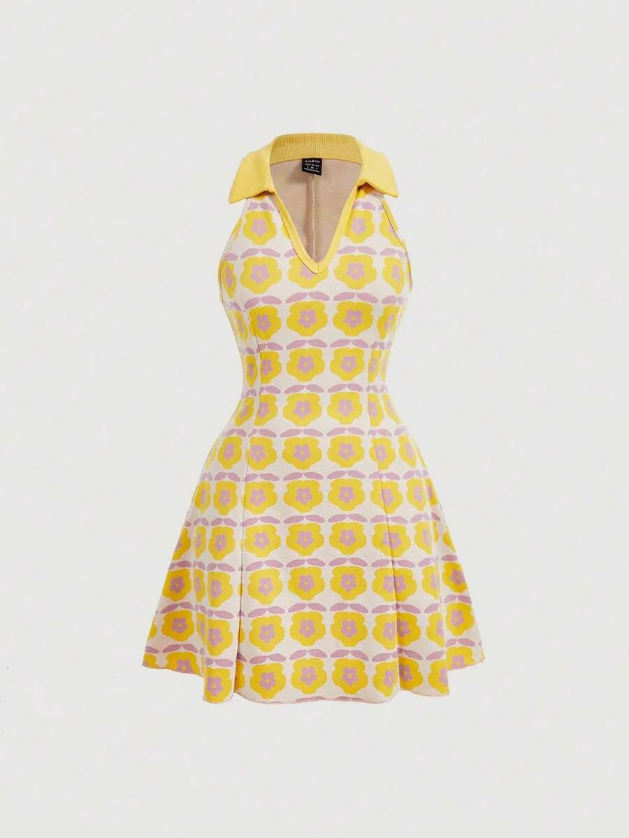 Yellow Vintage Floral Sleeveless Knitted Women DressSun Dress