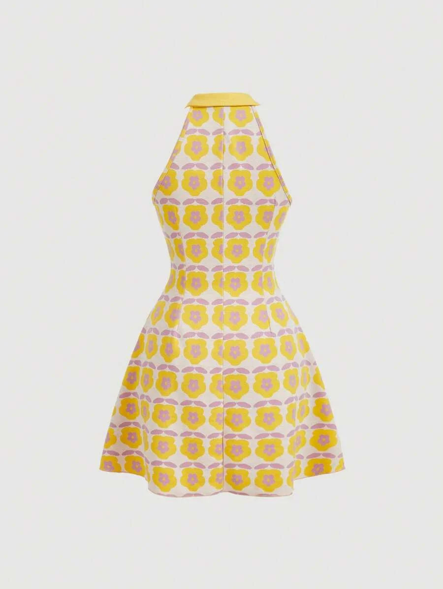 Yellow Vintage Floral Sleeveless Knitted Women DressSun Dress