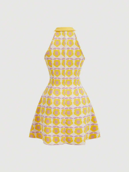 Yellow Vintage Floral Sleeveless Knitted Women DressSun Dress