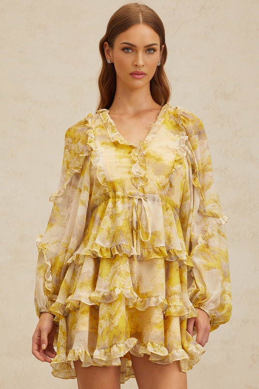 Yellow V-neck long puff sleeve dress with graphic print and ruffled trim